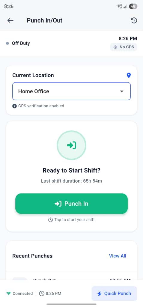 OpsArmours security guard punch in/out mobile app screen with geofenced time tracking and GPS verification